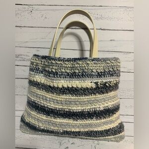 100% Hand Crochet Tote Bag with White Cream Handles-Gray & Cream Stripes Large